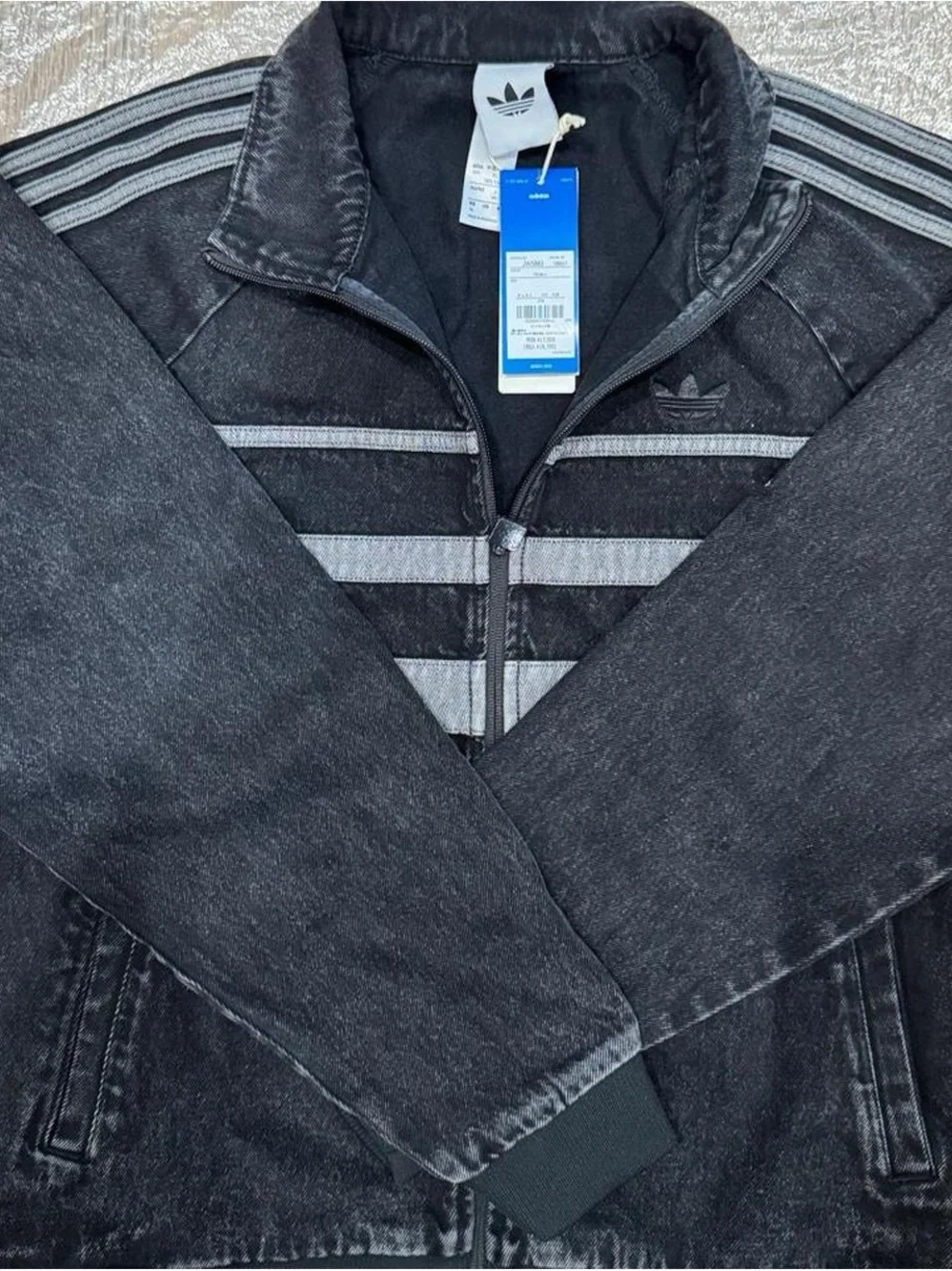 Brand New adidas Japan Black Washed Denim-Look Track Jacket with Gray Stripes